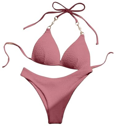 GORGLITTER Bikini Damen Set Mit Bügel Neckholder Bikini Push Up Bikini Mit Ketten Sexy Zweiteiliger Badeanzug Bademode Grau-Rosa M