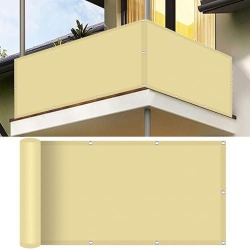 Balkon Sichtschutz Wasserdicht 100 x 320 cm Premium Polyester Sichtschutz Balkongeländer mit Ösen Kabelbinder Und Kordel Sichtschutz für Balkon Terrasse, Creme Farben
