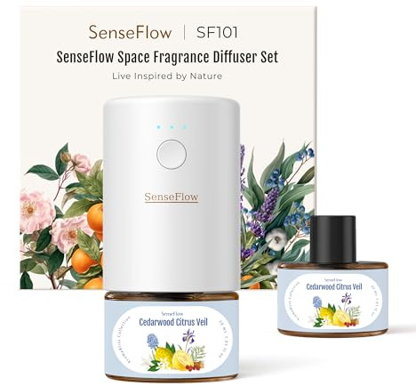SenseFlow Essential Oil Diffuser Waterless Ultrasonic SF101-100% Plant-Based, LED Light, Adjustable Modes, 100㎡ Covers, 120-Day Scent - Air Freshener & Aromatherapy - Cedarwood Citrus Veil