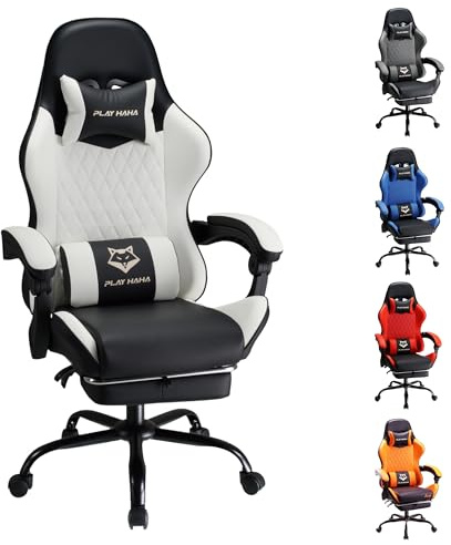 play haha Gaming Chair Ergonomic Reclining Seat With Footrest Adjustable Headrest And Lumbar Cushion High Back Support Padded Armrests Faux Leather Finish,Desk Chair