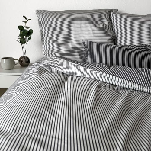 Magano® Luxus Bettwäsche 135x200 Streifen Grau/Weiß | Bambus & Baumwolle Satin | 400 TC Premiumqualität | Hypoallergen & Klimaregulierend | Deckenbezug 135x200 cm + Kissenbezug 40x80 cm | Off-White