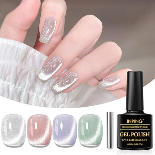 INPING UV Nagellack CatEye Magnet, 4 Farben Silberweiß Rosa Lila Grün Glitzer Gel Nagellack UV mit Magnet, Jelly Kristall Cat Eye UV Gel Soak Off Nail Polish für Frauen Nail Salon DIY, 8 ML