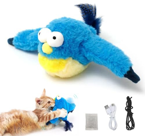 Sykerout Katzenspielzeug Vogel Elektrisch mit Katzenminze, Aufladbar Interaktives, Katzenspielzeug Selbstbeschäftigung Vogel, Flying Bird Cat Toy (Blauvogel, Mittelgroße)
