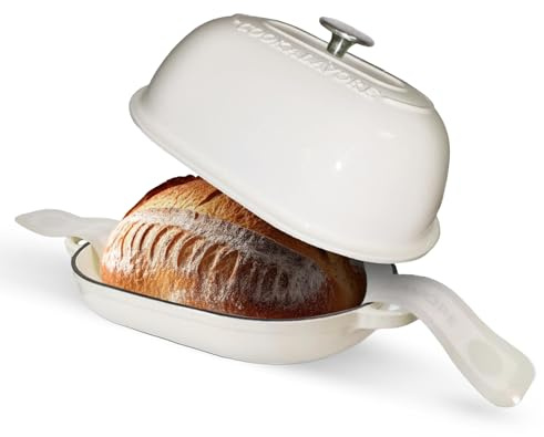 Cast Iron Bread Oven,6 QT Bread Oven,Thick Enameled Loaf Pan with Lid,Bread Pans for Homemade Bread,14.5Dutch Oven for Bread Baking,Dutch Oven-with Silicone Baking Mat&Recipe,Gifts for Family,White