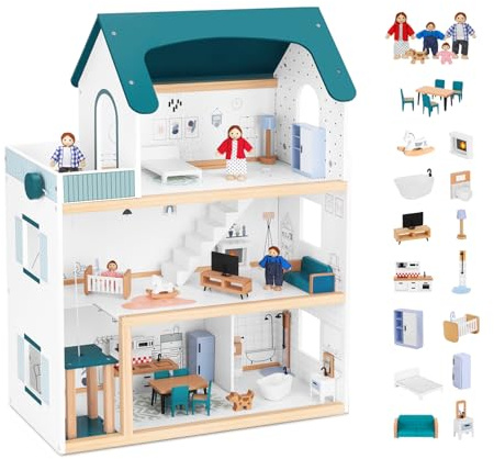 OOOK Maison de Poupée en Bois avec Ascenseur, Grande Maison de Poupée pour Filles à Partir de 3 Ans, Comprenant 21 Meubles, 4 Poupées Familiales et Un Chien