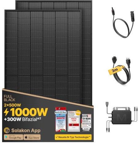 Solakon® 1000W Balkonkraftwerk - Balkonkraftwerk 800W komplett Steckdose - neuester 800 Watt Wechselrichter - Solaranlage Komplettset - 500W bifaziale Solarmodule inkl. Zubehör - 3m Kabel