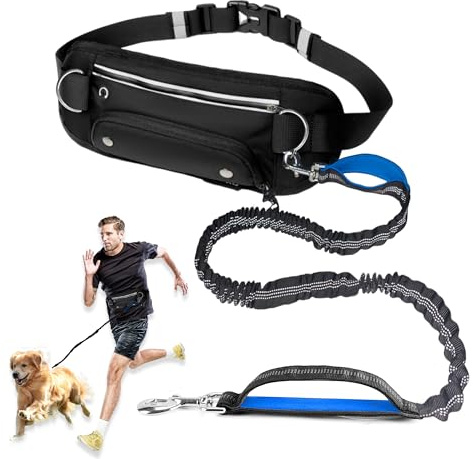 Hands Free Dog Leash with Pouch,Adjustable Waist Dog Running Leash for Large Medium Dogs,Dual Padded Handles and Retractable Bungee for Walking Jogging Training Hiking