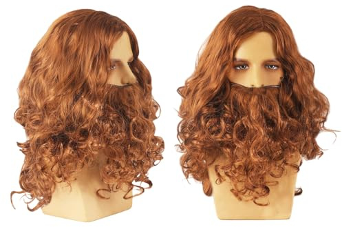 GWAWG Lång peruk och skägg vuxna peruker mörkbrun lockig peruk, lång peruk och skägg, utklädnad, utklädnad, festtillbehör och mustasch, cosplay, halloweenkaraktär kostym