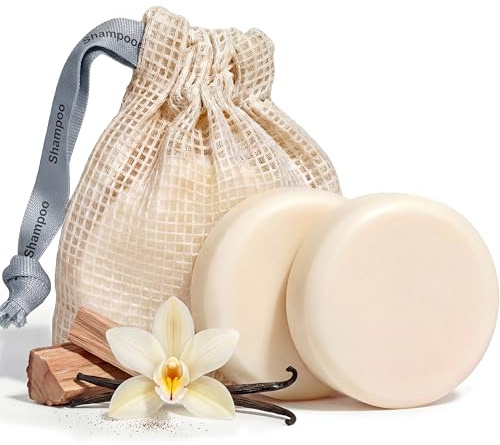 Vove Shampoo Bar Set (2 Bars + Storage Bag) - Sulphate Free Solid Shampoo for Hair Growth & Strength - Rice Protein, Ginseng & Squalane - Vanilla Cedar Scent - Plastic Free, pH Balanced, Colour Safe