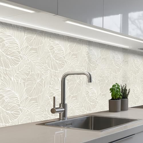 KitchenYeah© Paraschizzi Cucina Adesivo Pannello Parete per Paraspruzzi | 60x300 cm - Adesivi Muro Foglie - Beige - Monstera - Palma