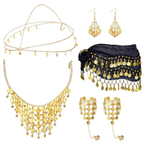 Forbabe 7 Stück Bauchtanz Kostüm Damen, Bauchtanz Hüfttuch Goldmünzen Ohrringe Armbänder Halskette und Kopfschmuck, Wahrsagerin Kostüm für Carnival, Mottoparty Show Party Feier Halloween Karneval