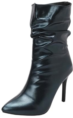 Générique Bottines Femme Talon Aiguille Bottine en Cuir PU Botte Slouchy Plissé Bottes Cuissarde Vernis Boot Couleur Unie Chaussure Décontracté Mollets Larges Bottine 36-43 Bottines Femme Bout Pointu