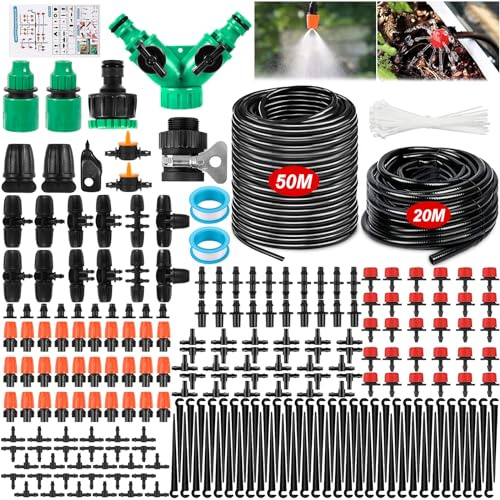 JUQG 297 Pcs Sistema de Riego por Goteo, Sistema de Riego Jardín, 50m+20m Kit de Riego, Jardín de Vegetales Sistema de Riego Automático de Bricolaje, Adecuado Jardines, Céspedes, Mmacetas y Granjas