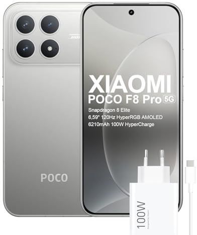 XIAOMI POCO F8 Pro 5G Smartphone, Snapdragon 8 Elite, Batería 6210 mAh con HyperCharge 100W, Pantalla AMOLED 6,59 120Hz, Cámara Triple 50 MP OIS y Teleobjetivo 60 mm, IP68 (Plateado, 512, GB, 12, GB)