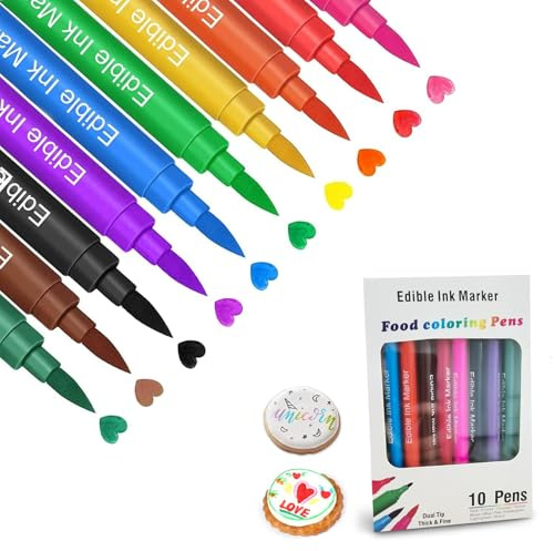 10 Feutres Alimentaires Comestibles - Stylos Décoration Double Pointe pour Gâteaux, Chocolat, Biscuits & Macarons - Encre Alimentaire Sécurisée pour Pâtisserie & Activités Créatives