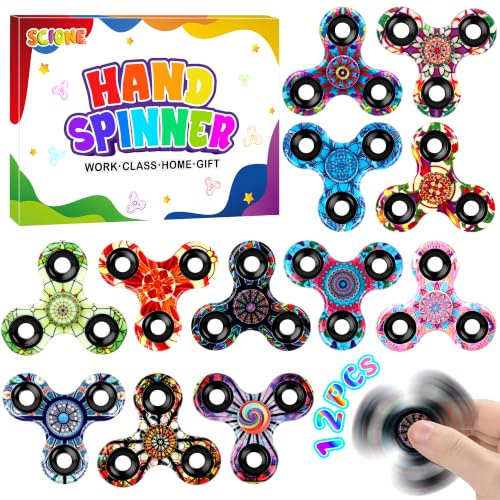 SCIONE [12er-Pack] Fidget Spinner mit Rosetten-Mustern (6,3 cm), High-Speed Fingerkreisel, Mitgebsel Kindergeburtstag, Buntglas-Stil Sensorik Spielzeug, Belohnung für Schule