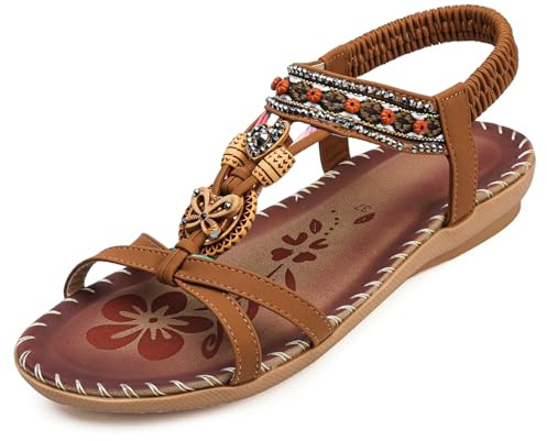 HODTOB Womens Sandals Arch Support Summer Beach Sandals Comfort Walking Orthopedic Bohemian Rhinestones Sandals Brown 6UK