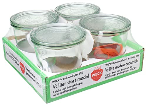 Weck Einkochglas 500 ml (Rundrand Sturzform Einweckgläser Dessertgläser, inkl. Dichtungsringe + Klammern, zum Aufbewahren von Vorräten) - 4 Stück