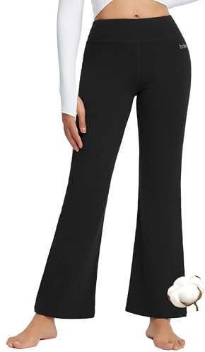 BALEAF Yogabyxor för kvinnor, bomull, långa joggingbyxor, fritidsbyxor, slagbyxor, magkontroll, arbete, sportbyxor med fickor, Svart 80 cm, M