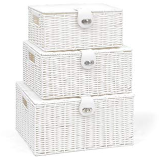 ARPAN Set of 3 Resin Woven Storage Basket Box With Lid & Lock (White)