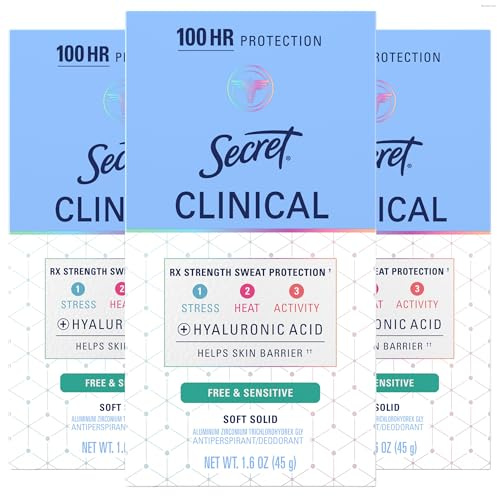 Secret Clinical Strength Antiperspirant Deodorant for Women, Free & Sensitive, 3X Stress Protection, 72hr Sweat & Odor Protection, PH Balancing Minerals, Soft Solid, Unscented, 1.6 oz (Pack of 3)