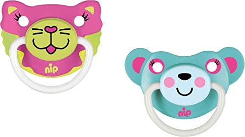 NIP Silikon Schnuller // Funny Animals // Silikon anatomisches, kiefergerechtes Saugteil // Gr.2 5-18 Mo // Girl III 2er Set // Lustig // Ausgefallen // Originell // made in Germany