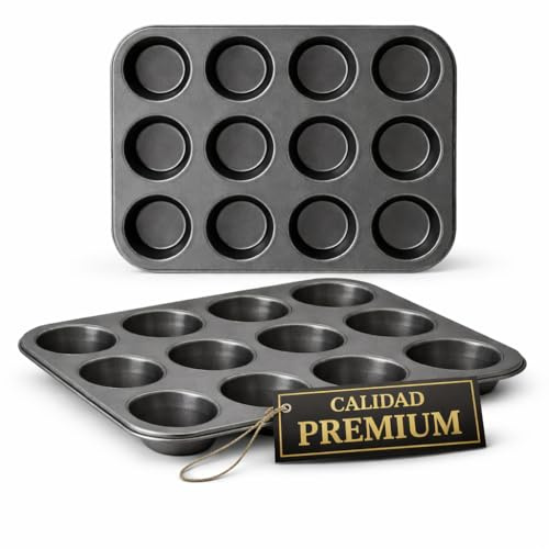 EUROXANTY- Set de 2 Molde para Magdalenas y Muffins, Acero al Carbono con Recubrimiento Antiadherente Molde Horno (12 Redondo)