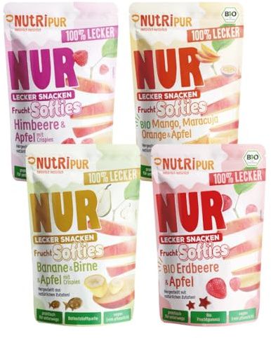 NutriPur Frucht Softies BIO 4er Set - Fruchtgummi ohne Gelatine: Natürliche Snacks aus Fruchtsaftkonzentrat von Beeren und exotischen Früchten, 4 Packungen Fruchtgummi vegan, rein pflanzlich