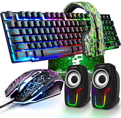 kabelgebundene Gaming-Tastatur mit Regenbogen-Hintergrundbeleuchtung, USB-Tastatur+2400 DPI optische Regenbogen-LED-Gaming-Maus+Gaming-Headset+RGB-Lautsprecher+Mauspads für Computer/PC (schwarz)