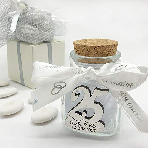 20 x Porta confetti a barattolo in vetro personalizzato con tappo in sughero e applicazione n°25 in legno, idee nozze d'argento, anniversario (Senza Personalizzazione-senza confezionamento)