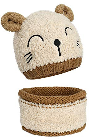 MengH-SHOP Bambino Berretti e Cappellini Infantile Berretto a Maglia Caldo con Sciarpa a Cerchio Scaldacollo per 1-3 Anni Ragazzo Ragazza (Beige)