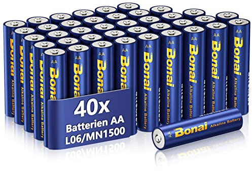 BONAI Pilas Alcalinas AA LR6 (Pack de 40 Unidades) 1.5 V Mignon Pila Alkaline, Rendimiento Elevado, Almacenamiento de 10 años, Gama Performance Potentes Pilas Desechables MN1500
