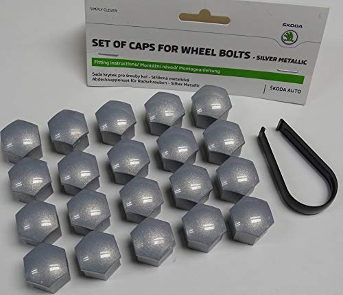 Skoda Genuine Alloy Wheel Bolt Nut Caps Covers 17mm Bolt Caps (Silver Metallic x20)