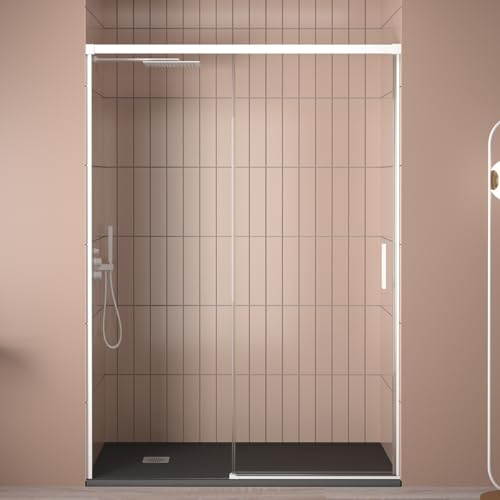 Mampara de Ducha Frontal Corredera 1 puerta Corredera + 1 fijo | Transparente | Cristal templado 6mm Antical | 195cm de Altura | Perfilería color Blanco Mate | 140 cm (Adaptable 134-139cm)