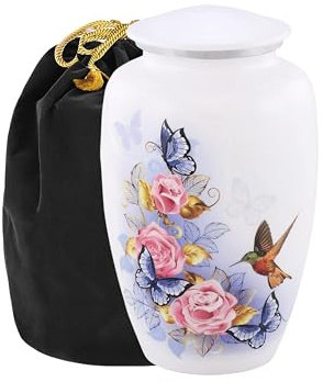 URNS OF DIGNITY Urne funéraire en forme de colibri pour cendres humaines,Urne pour funérailles, enterrements de vie,Colibarium ou maison,200 cm³,Avec sac en velours (blanc)