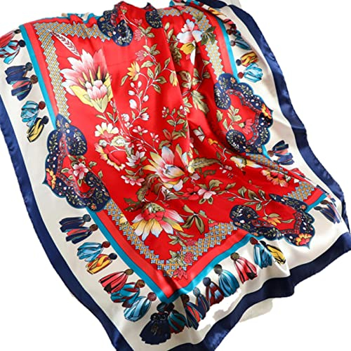 XKUN Seidentuch 2P Print Seidenschal Foulard Satin Hijab Quadrat Schal Für Frauen Retro Haarbänder Halstuch Weibliche Kopf Wraps-D90-137-4,90X90Cm