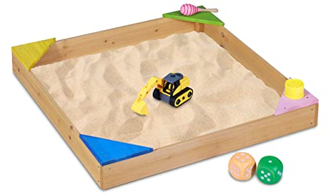 Relaxdays Sandkasten, 4 Bunte Ecksitze, Sandkasten-Bausatz, Tannenholz, Sandkiste, Natur, 12 x 90 x 90 cm