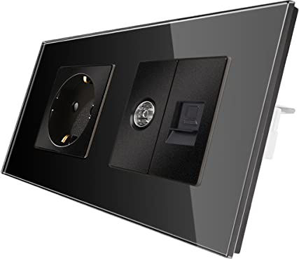 CNBINGO Presa Schuko in vetro da incasso con combinazione CAT6 di rete TV, presa singola nera, presa da parete semplice con cornice in vetro