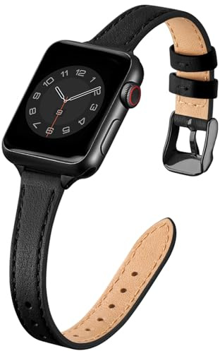 SUNFWR Kompatibel med 38 mm, 40 mm, 41 mm, klockarmband i äkta läder, fint och lätt ersättningsarmband för iWatch serie Ultra/8/7/6/5/4/3/2/1, SE (svart och svart), 38mm 40mm 41mm