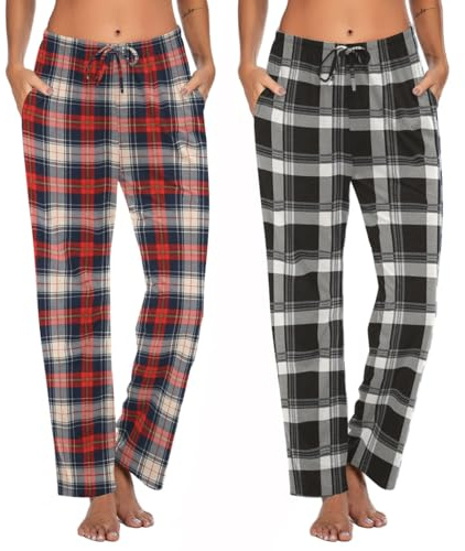 Ekouaer Womens 2 Pack Lounge Pants Comfy Pajama Pants Plaid Pajama Bottoms with Pockets Drawstring Pj Bottoms