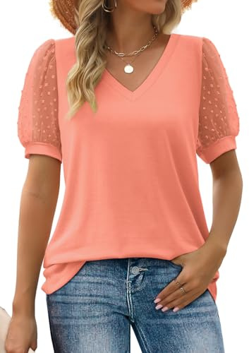 Aokosor T Shirts for Women V Neck Tops Ladies Swiss Dot Puff Sleeve Summer Tee