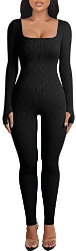 Puimentiua Damen Sport Jumpsuit Langarm Quadratischer|Yoga Jumpsuit Strampler Gerippt Gestrickt Sportanzug Eng Workout Einteiler Bodycon Slim Jogginganzug Club Outfit|M,01 Schwarz