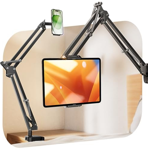 LISEN Tablet Stand iPad Stand for Desk Mount [Ultra Sturdy 2 Clamps] iPad Holder for Tablet Holder Mount Desk Accessories for Men fits iPad Air, iPad 12, iPhone 17e, 4-13 Device (Black)