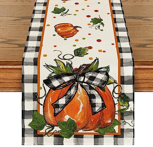 Artoid Mode Pumpkin Bow Buffalo Plaid Fall Table Runner,Seasonal Autumn Kitchen Dining Table Decoration for Home Party Decor 13x72 Inch