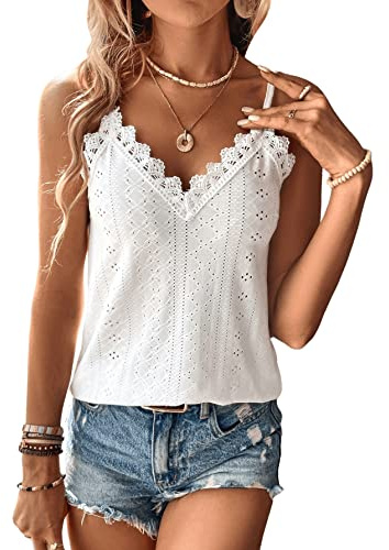 GORGLITTER Spitzentop Damen Sexy Top Mit Spitze Sommer Tops Spitzen Oberteile Lace Cami Tops Going Out Top Weiß S