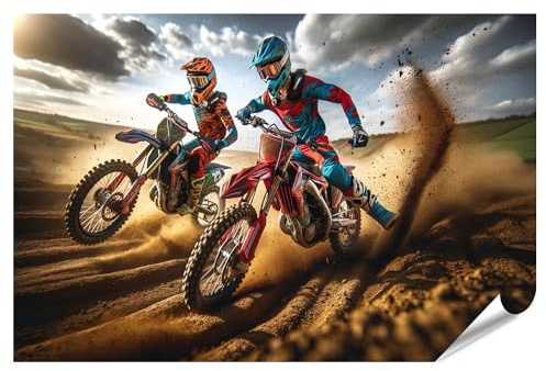 islandburner XXL Bild Poster Zwei Motocross-Biker Action staubige Piste Premium Bilder Fotodruck
