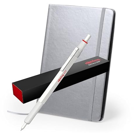 rOtring 600 Metallic Kugelschreiber + Notizbuch | Mittlere Spitze | Perlweißer Schaft mit rutschfestem gerändeltem Griff | nachfüllbar |