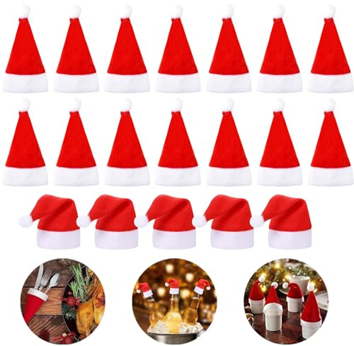 Huanmin 30 Stücke Mini Weihnachtsmütze, Weihnachtsmannmützen Weihnachtsdeko, Weihnachtsmann Mütze Besteckhalter, Weihnachtsmann Besteckbeutel, Weihnachtsdekoration für Geschirr, Weinflaschen