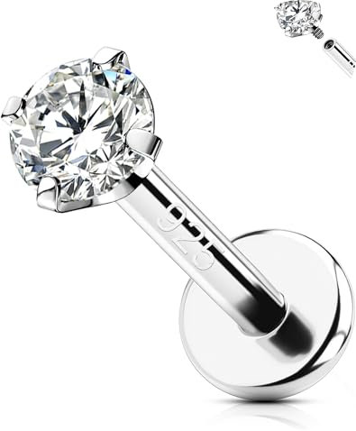 OUFER Silber 925 6 mm Helix Piercing Schmuck Innengewinde Knorpel Ohrpiercing 16G Tragus Piercing Conch Piercing Silber Frauen Helix Ring Clear 2 mm CZ Lippenpiercing