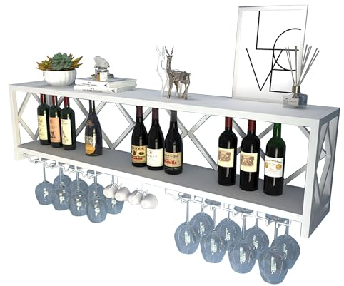 Weinregal Wand Metall Flaschenregal Schmal Wine Rack Weinschrank Hausbar Barschrank Getränke Regal Bar Regal Wand mit Weinglashalter für Esszimmer Home Bar Küche Bartheke Wohnzimmer(Wit,150*25*45cm)